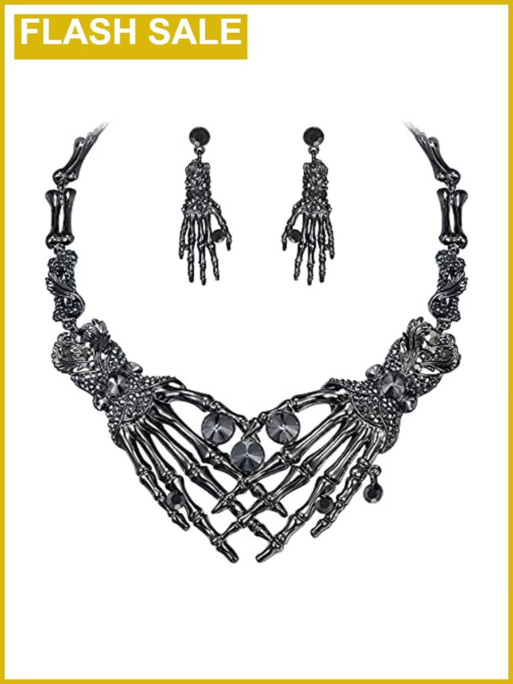 Crystal Skeleton Hand Skull Necklace Earrings Set Halloween Jewelry Gift